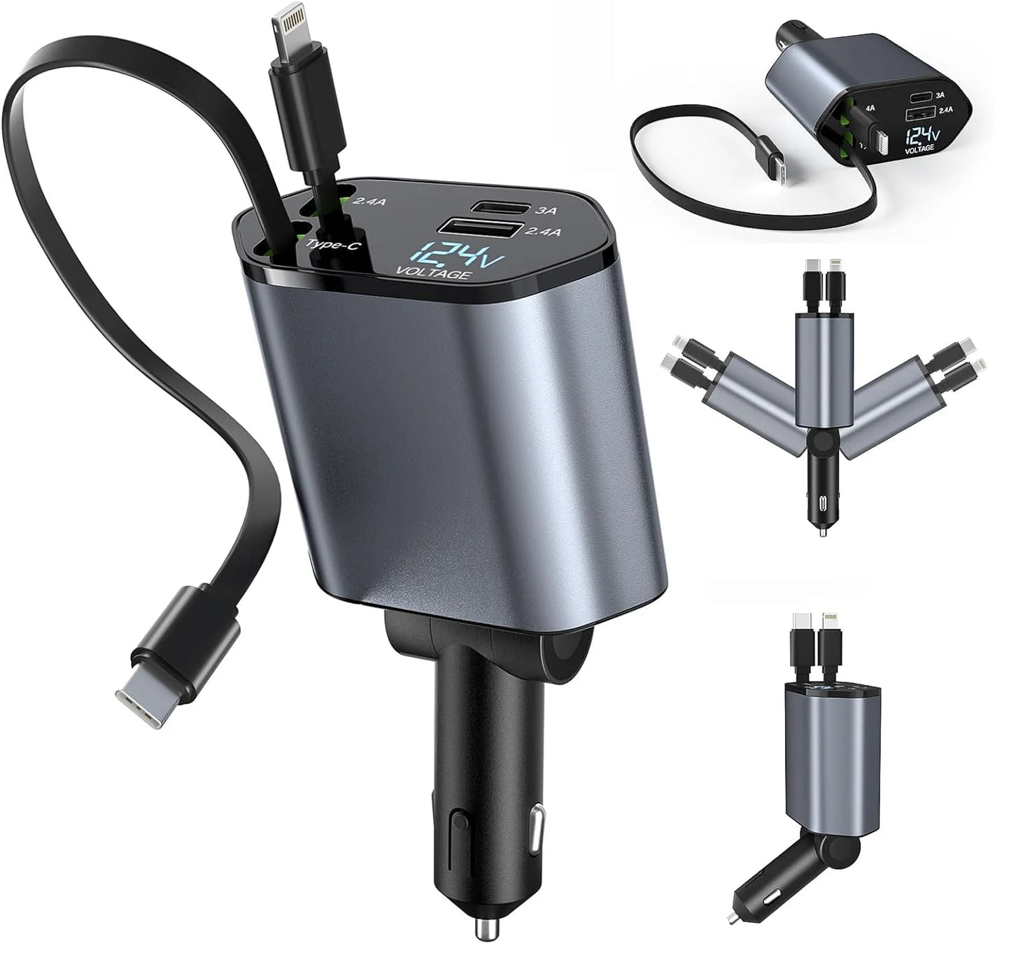 Retractable Car Charger 120W Fast Charger, 4-in-1 Fast Charging Car Phone Charger