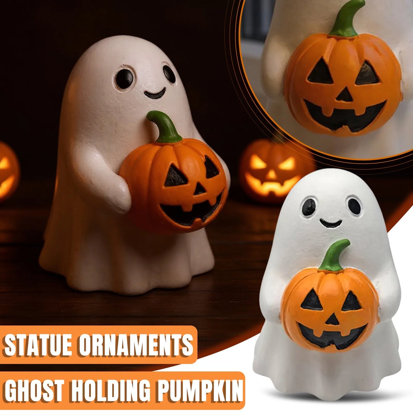 Halloween Ghost Holding Pumpkin Statue Holiday Party Decor Home Desktop Sculpture Handmade Craft Spooky Collectible Gift