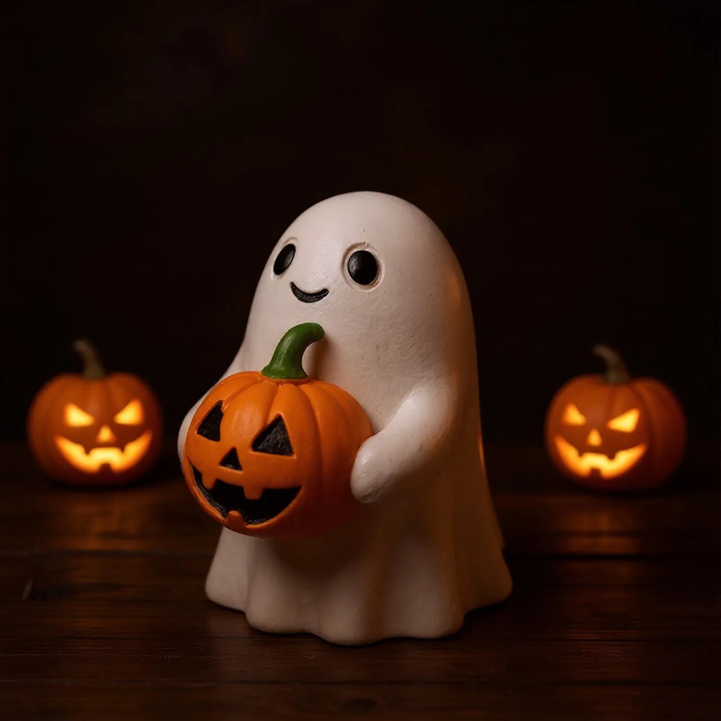 Halloween Ghost Holding Pumpkin Statue Holiday Party Decor Home Desktop Sculpture Handmade Craft Spooky Collectible Gift