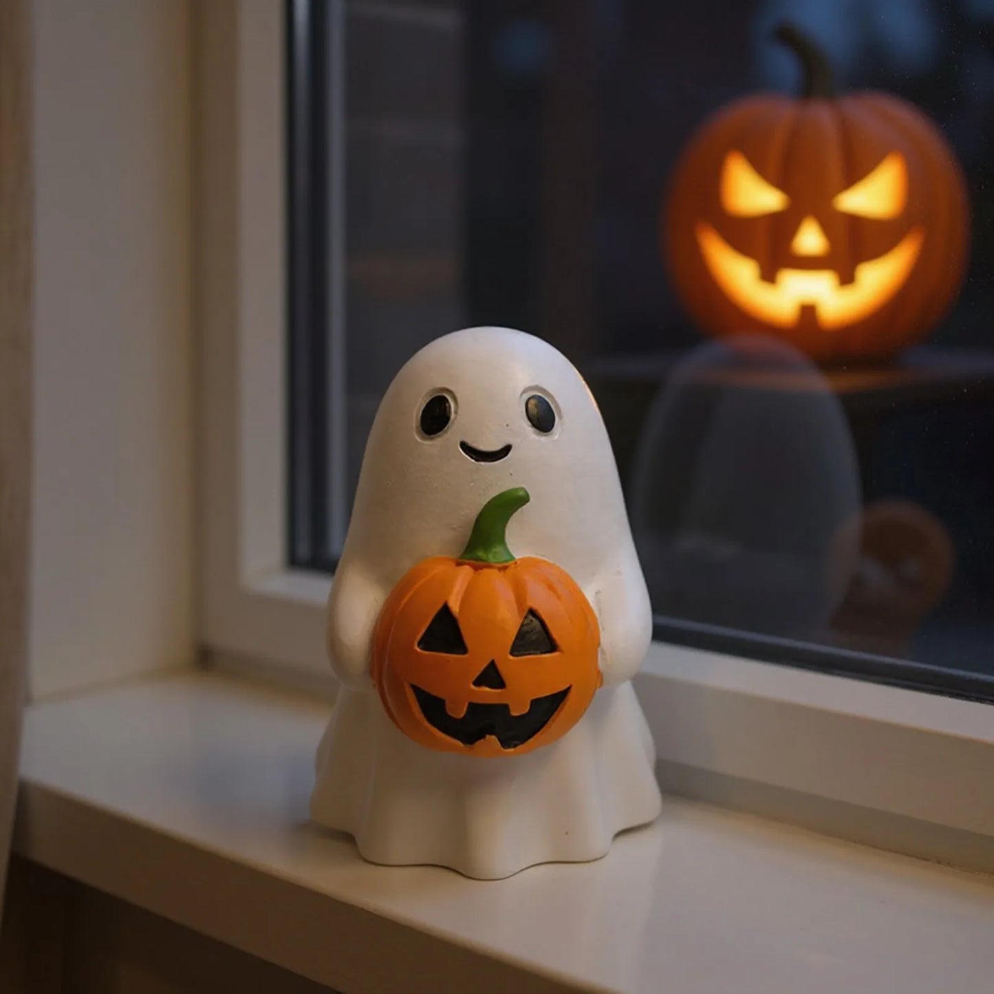 Halloween Ghost Holding Pumpkin Statue Holiday Party Decor Home Desktop Sculpture Handmade Craft Spooky Collectible Gift