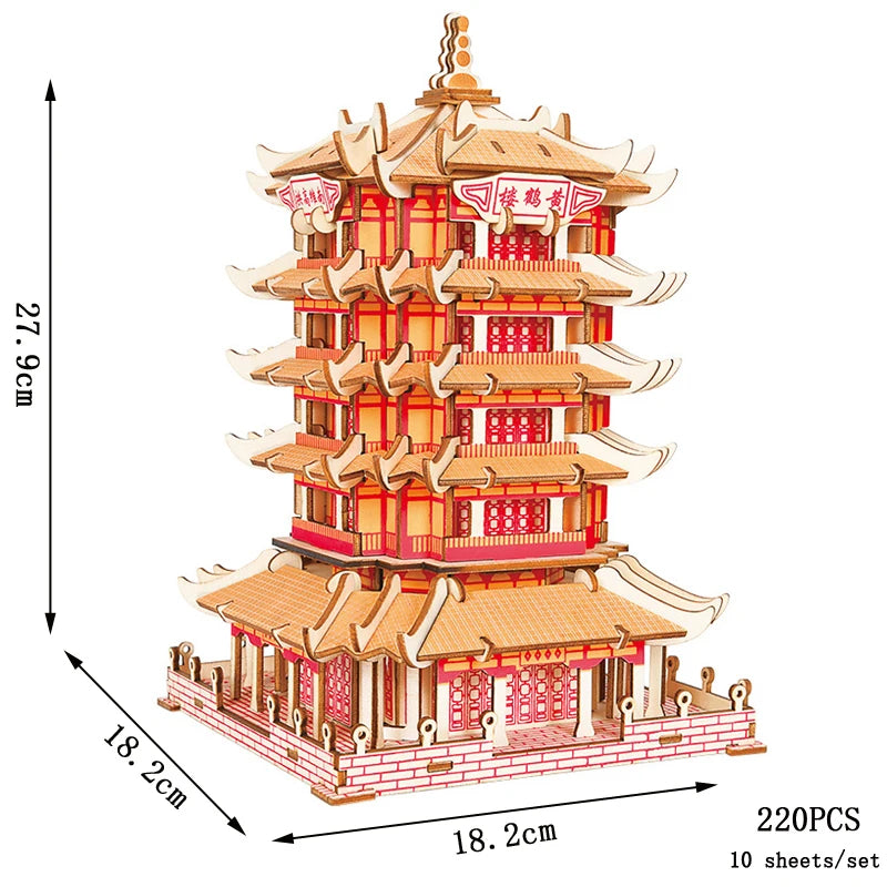 3D Wooden Tower Puzzles Chinese Architecture Pagoda Temple Pavilion DIY Building Model Wood Jigsaw Toys For Children Kids Gift