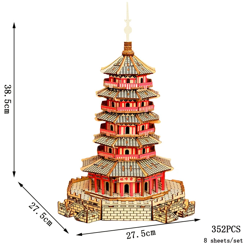 3D Wooden Tower Puzzles Chinese Architecture Pagoda Temple Pavilion DIY Building Model Wood Jigsaw Toys For Children Kids Gift