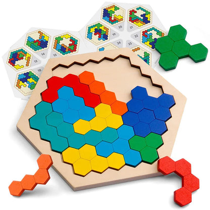 3D Hexagonal Wooden Puzzles Educational Toys For Children Kids Preschool Tangram Board Brain IQ Test Game Montessori Toys Gifts