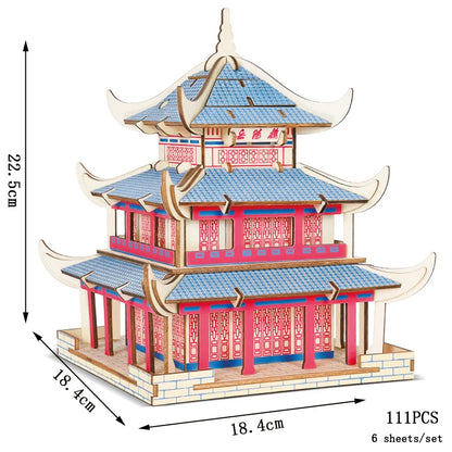 3D Wooden Tower Puzzles Chinese Architecture Pagoda Temple Pavilion DIY Building Model Wood Jigsaw Toys For Children Kids Gift