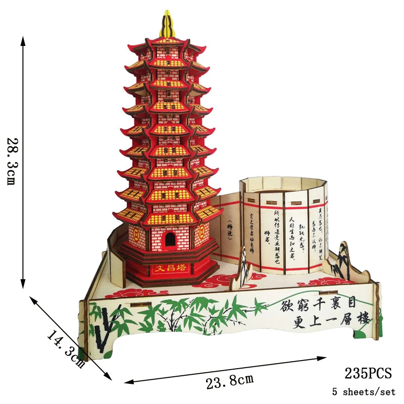 3D Wooden Tower Puzzles Chinese Architecture Pagoda Temple Pavilion DIY Building Model Wood Jigsaw Toys For Children Kids Gift