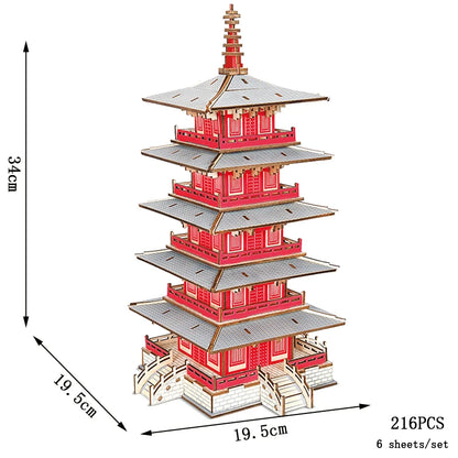 3D Wooden Tower Puzzles Chinese Architecture Pagoda Temple Pavilion DIY Building Model Wood Jigsaw Toys For Children Kids Gift