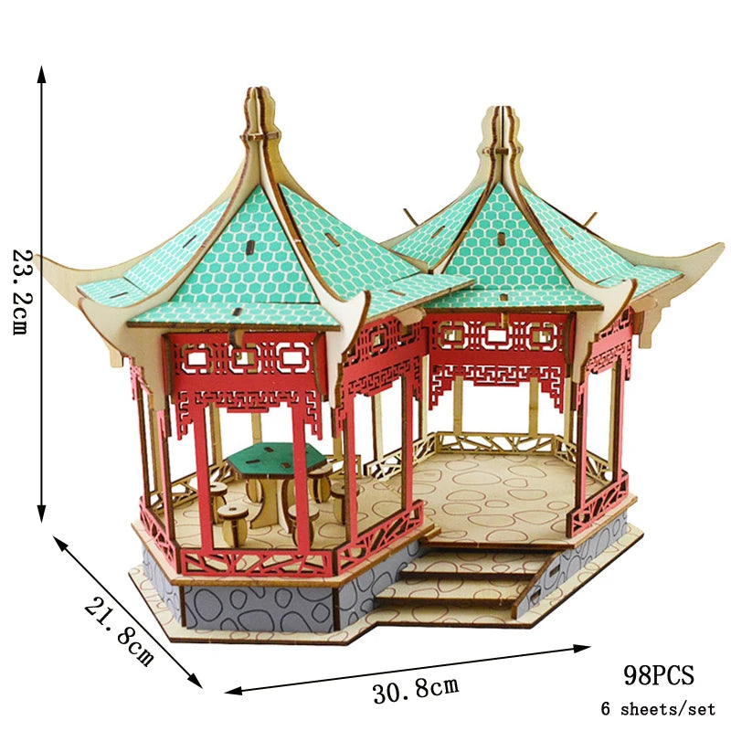3D Wooden Tower Puzzles Chinese Architecture Pagoda Temple Pavilion DIY Building Model Wood Jigsaw Toys For Children Kids Gift