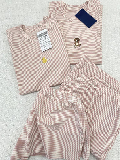 Duck Bear Embroidered Striped T-shirt Pant Set Women Summer 2 Piece Sets Pajama Cute Kawaii Short Sleeve Tees Sweatpant 2025