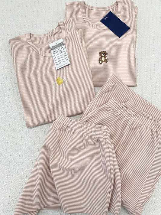Duck Bear Embroidered Striped T-shirt Pant Set Women Summer 2 Piece Sets Pajama Cute Kawaii Short Sleeve Tees Sweatpant 2025