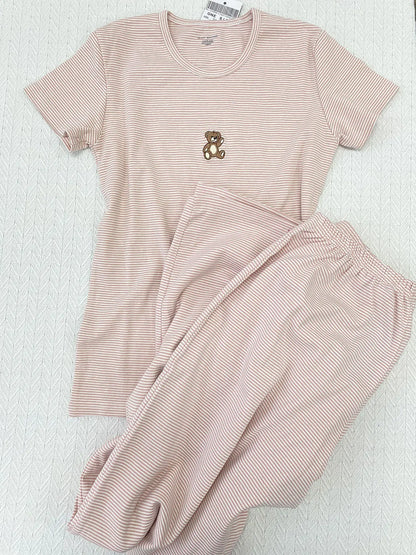 Duck Bear Embroidered Striped T-shirt Pant Set Women Summer 2 Piece Sets Pajama Cute Kawaii Short Sleeve Tees Sweatpant 2025