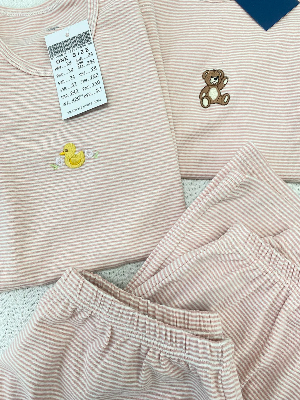 Duck Bear Embroidered Striped T-shirt Pant Set Women Summer 2 Piece Sets Pajama Cute Kawaii Short Sleeve Tees Sweatpant 2025