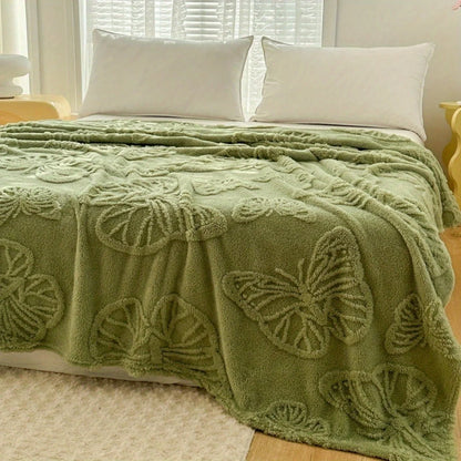 1pc Minimalist Butterfly Jacquard Faux Long Plush Lamb Wool Blanket, Soft And Warm, Can Be Used As Bedspread Or Shawl