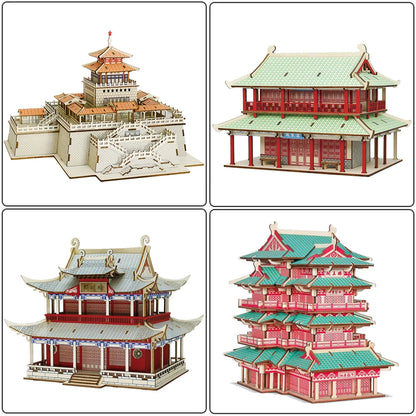 3D Wooden Tower Puzzles Chinese Architecture Pagoda Temple Pavilion DIY Building Model Wood Jigsaw Toys For Children Kids Gift