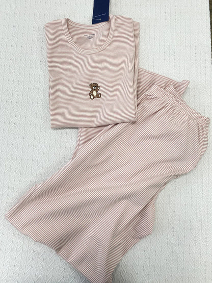 Duck Bear Embroidered Striped T-shirt Pant Set Women Summer 2 Piece Sets Pajama Cute Kawaii Short Sleeve Tees Sweatpant 2025