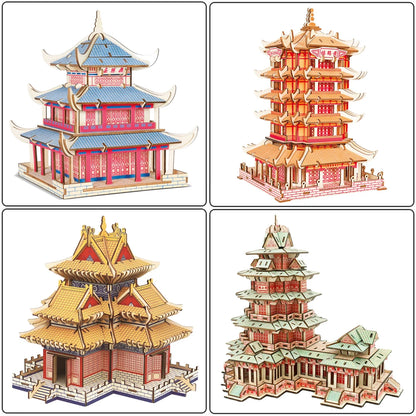 3D Wooden Tower Puzzles Chinese Architecture Pagoda Temple Pavilion DIY Building Model Wood Jigsaw Toys For Children Kids Gift