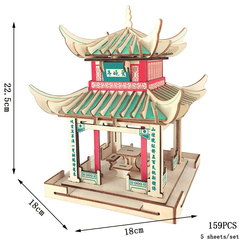 3D Wooden Tower Puzzles Chinese Architecture Pagoda Temple Pavilion DIY Building Model Wood Jigsaw Toys For Children Kids Gift