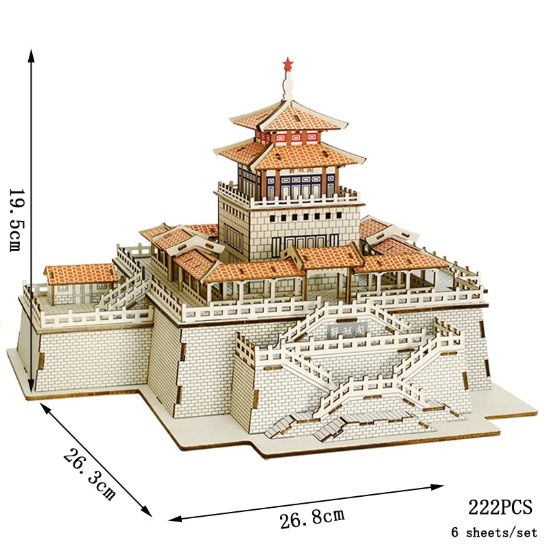 3D Wooden Tower Puzzles Chinese Architecture Pagoda Temple Pavilion DIY Building Model Wood Jigsaw Toys For Children Kids Gift