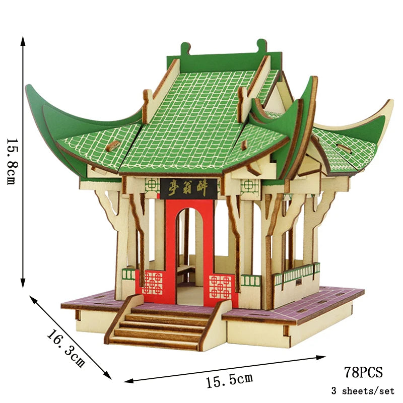 3D Wooden Tower Puzzles Chinese Architecture Pagoda Temple Pavilion DIY Building Model Wood Jigsaw Toys For Children Kids Gift