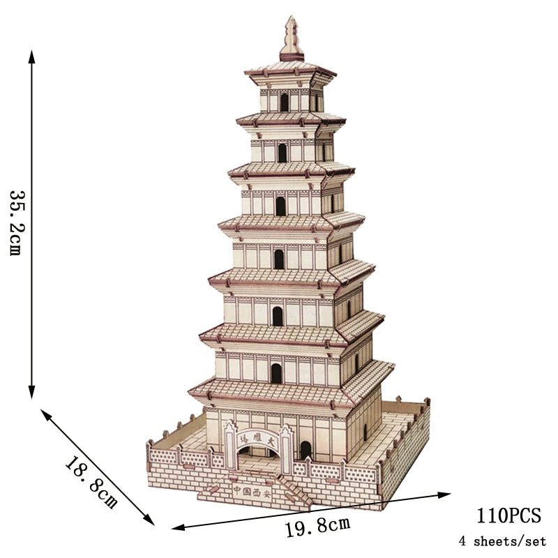 3D Wooden Tower Puzzles Chinese Architecture Pagoda Temple Pavilion DIY Building Model Wood Jigsaw Toys For Children Kids Gift