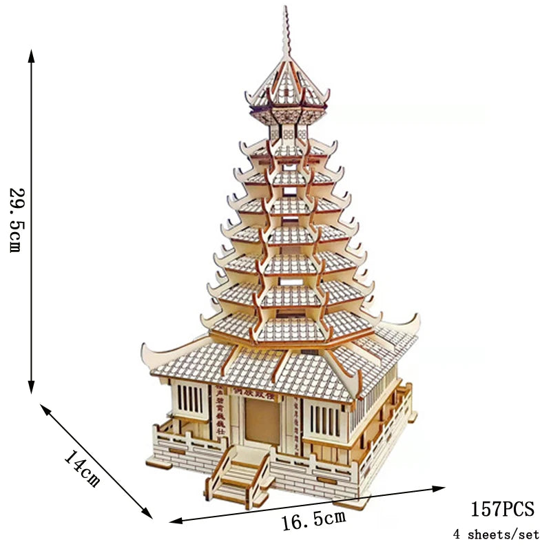 3D Wooden Tower Puzzles Chinese Architecture Pagoda Temple Pavilion DIY Building Model Wood Jigsaw Toys For Children Kids Gift