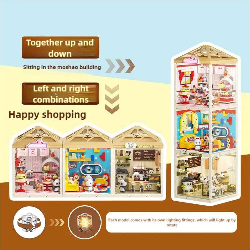 Super town store puzzle building block assembly toy model DIY cottage house model playing house girl