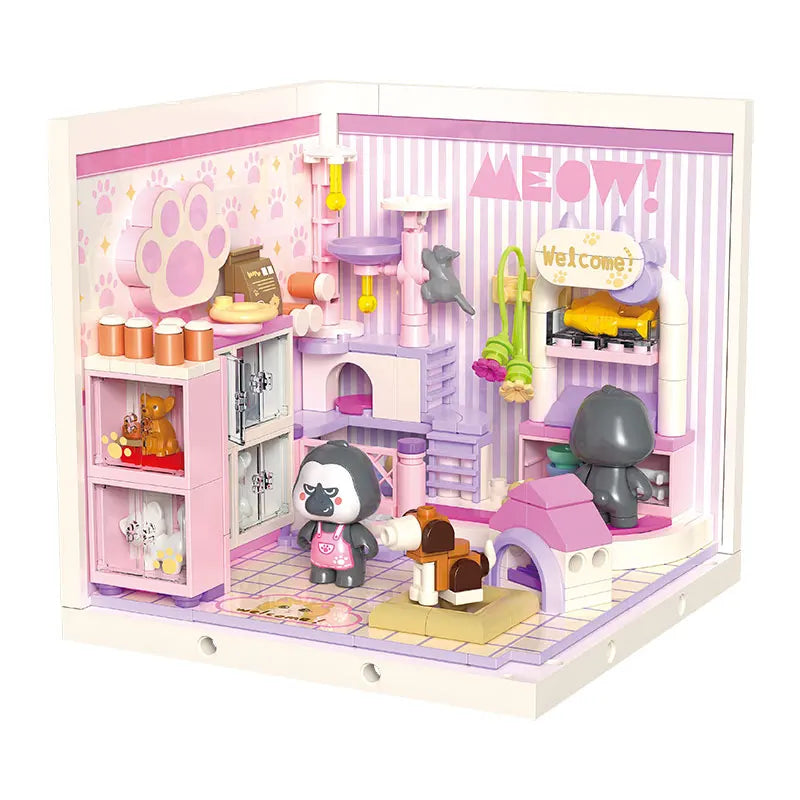 Super town store puzzle building block assembly toy model DIY cottage house model playing house girl