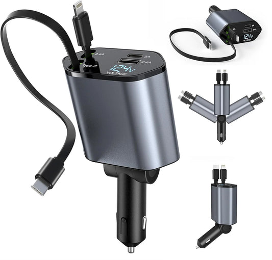 Retractable Car Charger 120W Fast Charger, 4-in-1 Fast Charging Car Phone Charger