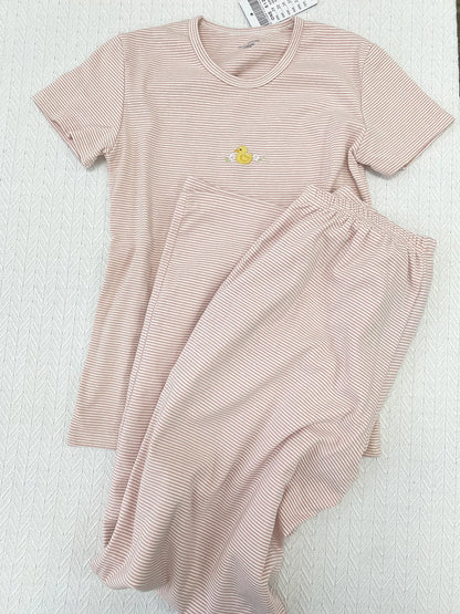 Duck Bear Embroidered Striped T-shirt Pant Set Women Summer 2 Piece Sets Pajama Cute Kawaii Short Sleeve Tees Sweatpant 2025