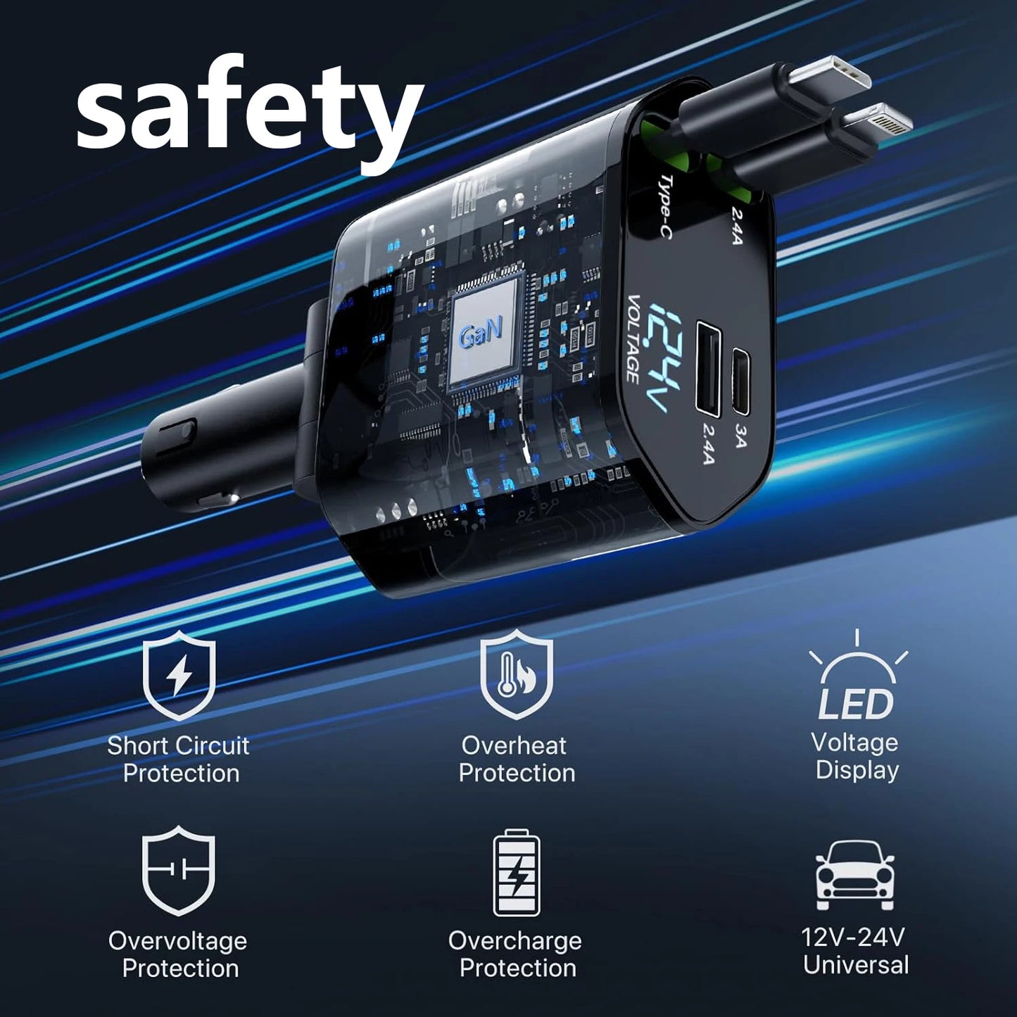 Retractable Car Charger 120W Fast Charger, 4-in-1 Fast Charging Car Phone Charger