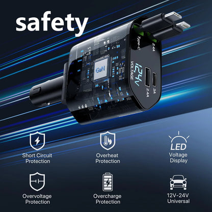 Retractable Car Charger 120W Fast Charger, 4-in-1 Fast Charging Car Phone Charger