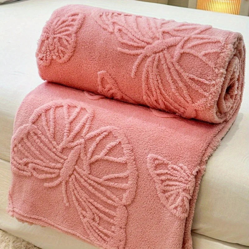1pc Minimalist Butterfly Jacquard Faux Long Plush Lamb Wool Blanket, Soft And Warm, Can Be Used As Bedspread Or Shawl