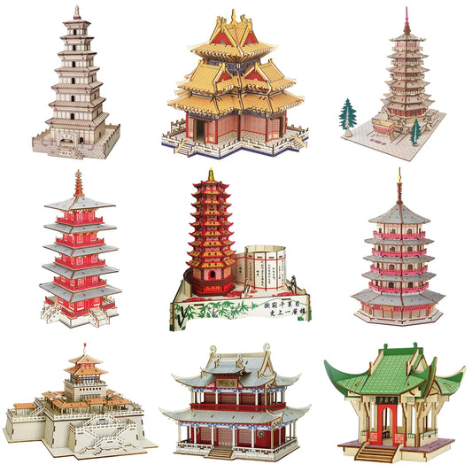 3D Wooden Tower Puzzles Chinese Architecture Pagoda Temple Pavilion DIY Building Model Wood Jigsaw Toys For Children Kids Gift