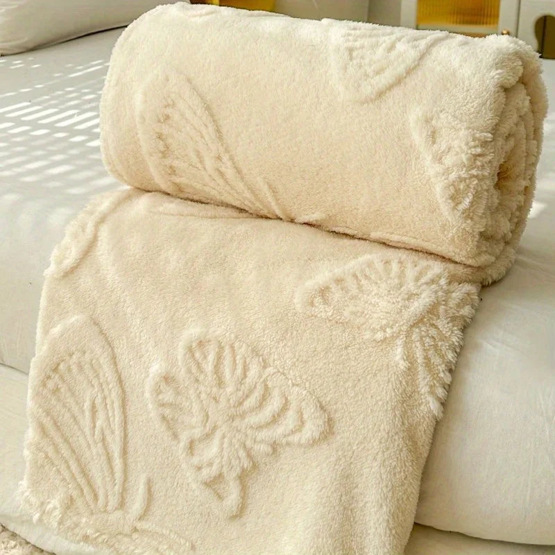 1pc Minimalist Butterfly Jacquard Faux Long Plush Lamb Wool Blanket, Soft And Warm, Can Be Used As Bedspread Or Shawl
