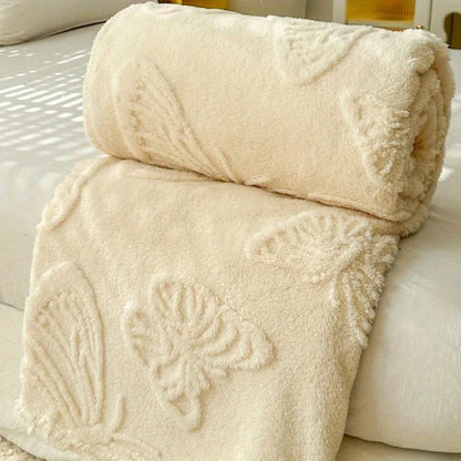 1pc Minimalist Butterfly Jacquard Faux Long Plush Lamb Wool Blanket, Soft And Warm, Can Be Used As Bedspread Or Shawl