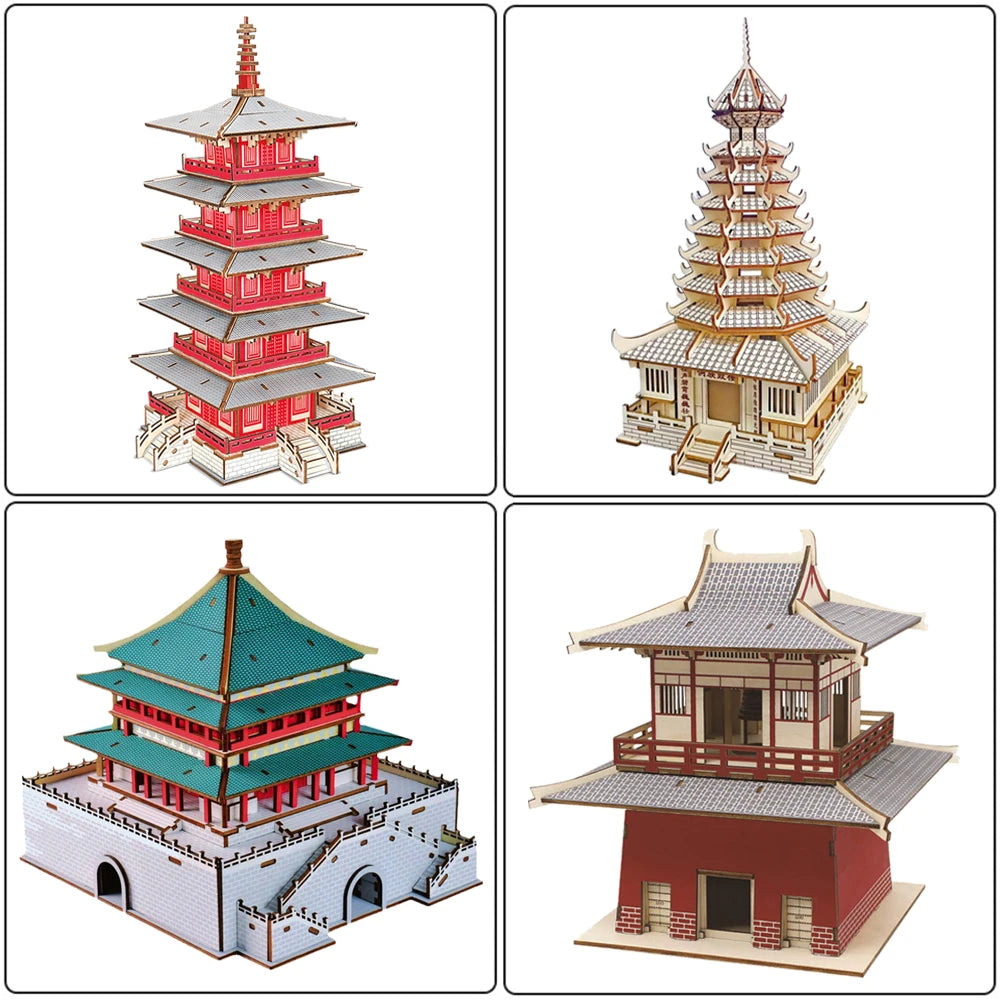 3D Wooden Tower Puzzles Chinese Architecture Pagoda Temple Pavilion DIY Building Model Wood Jigsaw Toys For Children Kids Gift