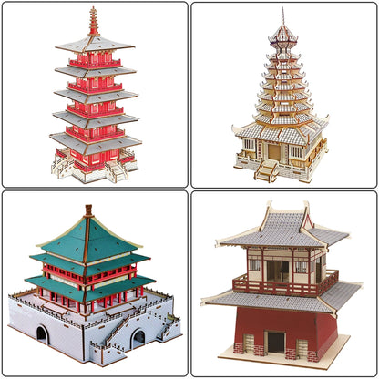 3D Wooden Tower Puzzles Chinese Architecture Pagoda Temple Pavilion DIY Building Model Wood Jigsaw Toys For Children Kids Gift