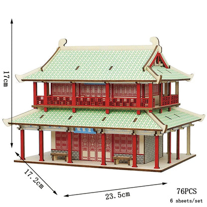 3D Wooden Tower Puzzles Chinese Architecture Pagoda Temple Pavilion DIY Building Model Wood Jigsaw Toys For Children Kids Gift