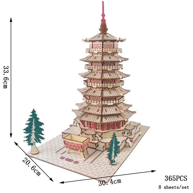 3D Wooden Tower Puzzles Chinese Architecture Pagoda Temple Pavilion DIY Building Model Wood Jigsaw Toys For Children Kids Gift