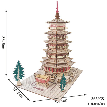 3D Wooden Tower Puzzles Chinese Architecture Pagoda Temple Pavilion DIY Building Model Wood Jigsaw Toys For Children Kids Gift