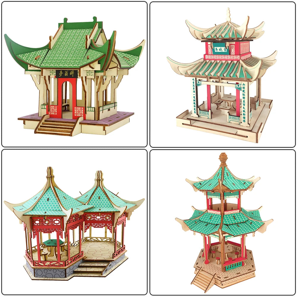 3D Wooden Tower Puzzles Chinese Architecture Pagoda Temple Pavilion DIY Building Model Wood Jigsaw Toys For Children Kids Gift