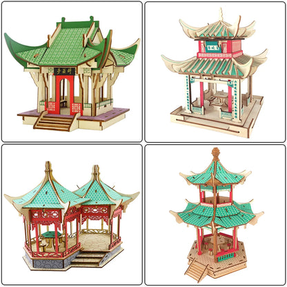 3D Wooden Tower Puzzles Chinese Architecture Pagoda Temple Pavilion DIY Building Model Wood Jigsaw Toys For Children Kids Gift