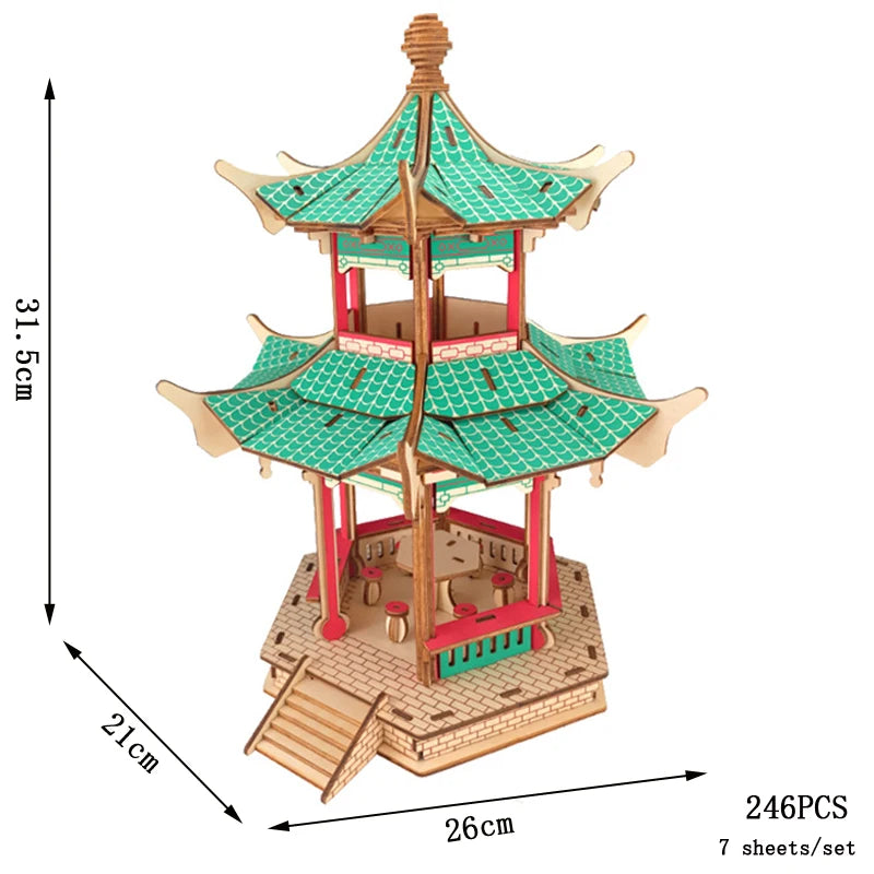 3D Wooden Tower Puzzles Chinese Architecture Pagoda Temple Pavilion DIY Building Model Wood Jigsaw Toys For Children Kids Gift