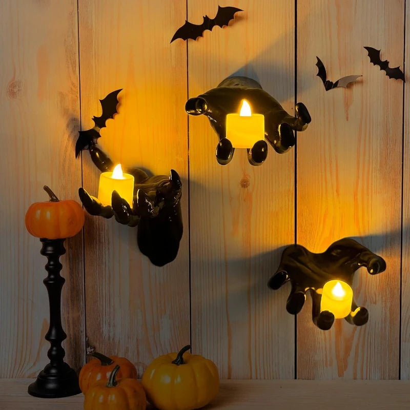 Halloween Decorations 3 Pack Wall Mounted Lighted Candles Creepy Reaching Hands Life Size Gothic Horror Decor Candelabras