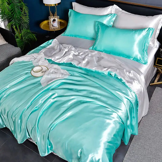 Nordic Silk Bedding Set with Duvet Cover Bed Sheet Pillowcase Luxury Couple Single Double Summer Home Textile Solid Bedsheet