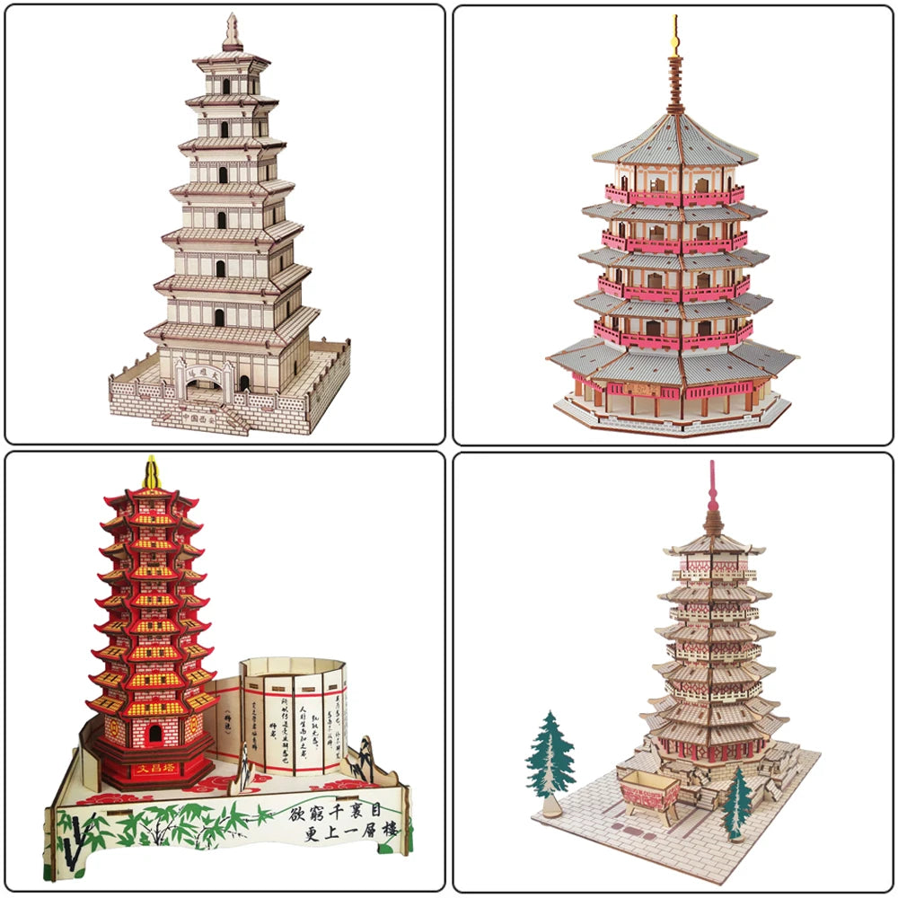 3D Wooden Tower Puzzles Chinese Architecture Pagoda Temple Pavilion DIY Building Model Wood Jigsaw Toys For Children Kids Gift