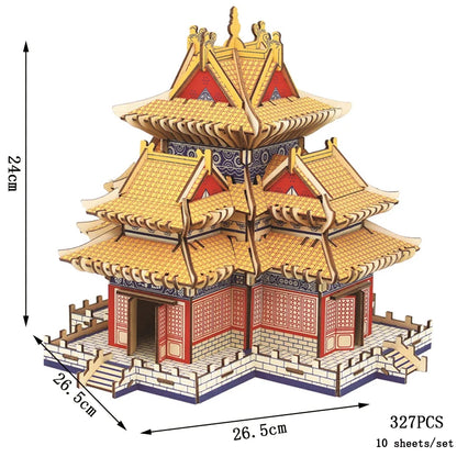3D Wooden Tower Puzzles Chinese Architecture Pagoda Temple Pavilion DIY Building Model Wood Jigsaw Toys For Children Kids Gift