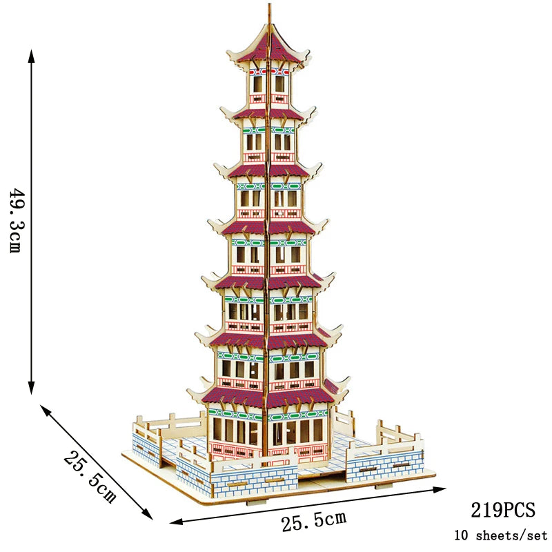 3D Wooden Tower Puzzles Chinese Architecture Pagoda Temple Pavilion DIY Building Model Wood Jigsaw Toys For Children Kids Gift