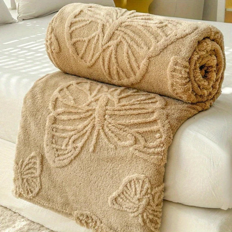 1pc Minimalist Butterfly Jacquard Faux Long Plush Lamb Wool Blanket, Soft And Warm, Can Be Used As Bedspread Or Shawl