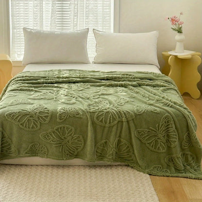 1pc Minimalist Butterfly Jacquard Faux Long Plush Lamb Wool Blanket, Soft And Warm, Can Be Used As Bedspread Or Shawl