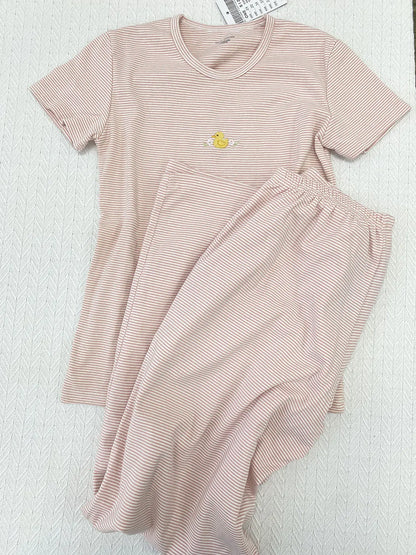 Duck Bear Embroidered Striped T-shirt Pant Set Women Summer 2 Piece Sets Pajama Cute Kawaii Short Sleeve Tees Sweatpant 2025